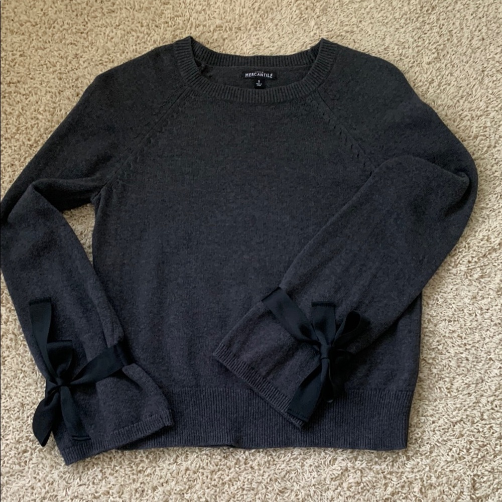 J Crew Mercantile Charcoal Gray Women's Sweater with Black grosgrain Bow Accents
